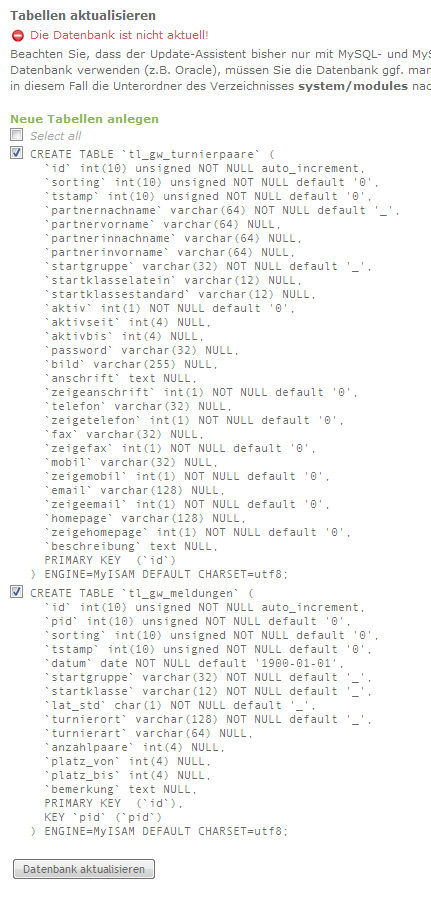 Install Tool - Datenbank aktualisieren