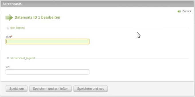 Das BE Formular des Screencast Moduls