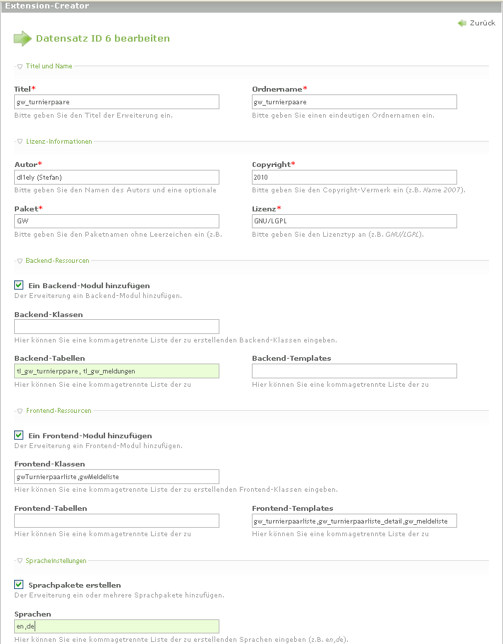 Extension Creator - Einstellungen