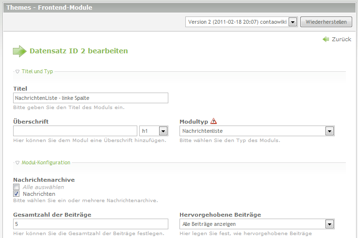 Erstellung des Modules "Nachtichtenliste"