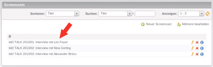 Die Titel der Screencasts