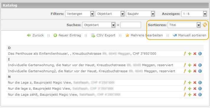 Catalog - Liste im Backend: Automatische Sortierung nach dem Feld Titel