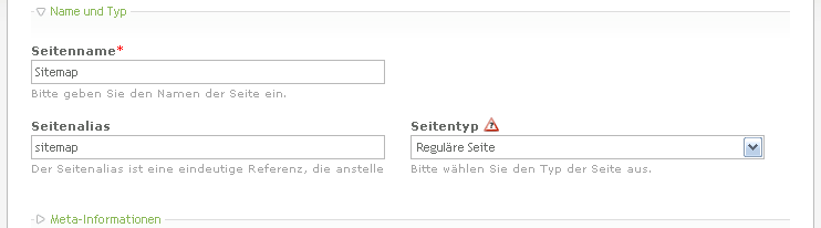 Einstellungen der neuen Seite 1