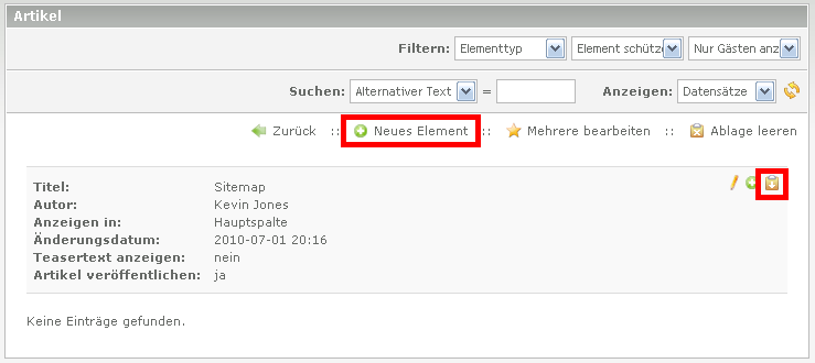 Artikel Element einfügen