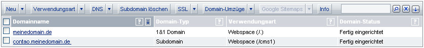 Domainübersicht mit Subdomain