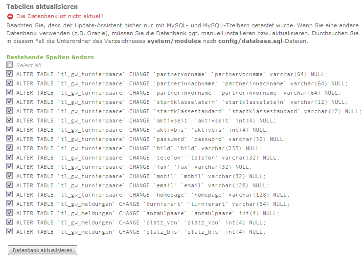 Install Tool - Datenbank nicht aktuell