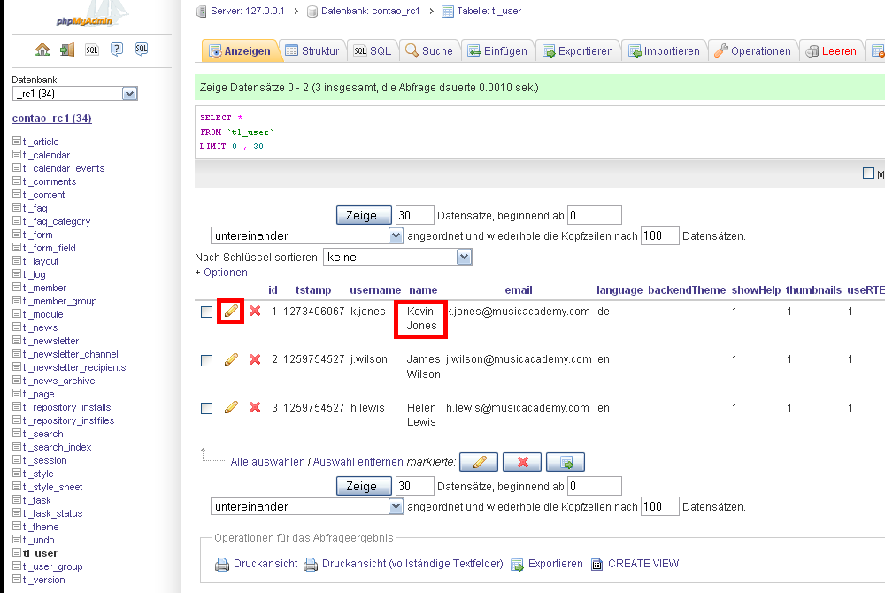 Datensätze der User