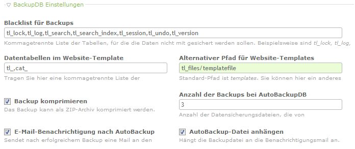 BackupDB Einstellungen